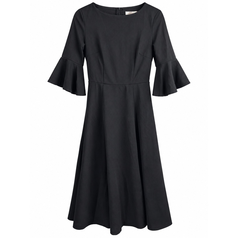 Homrain Women's Black Midi Dress S Bell Sleeve Fit Flare Old Money Cocktail